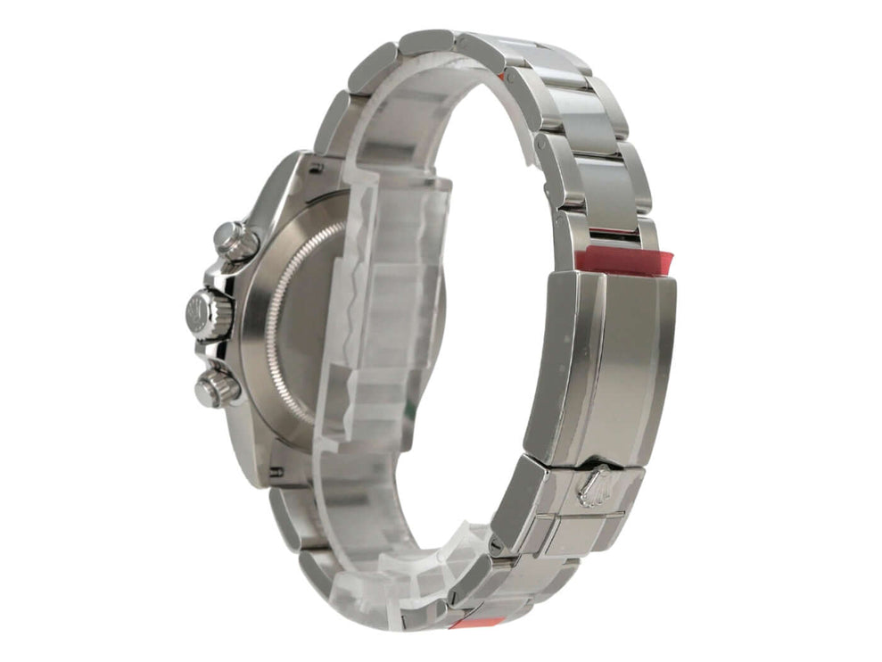 Rolex Daytona Edelstahl 116520 Weiß seitliche Ansicht mit poliertem und satiniertem Armband.