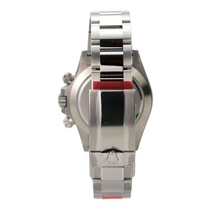 Rolex Daytona Edelstahl 116520 Weiß Rückansicht des Gehäuses und Armbands in Edelstahl mit Sicherheitsfaltschließe.