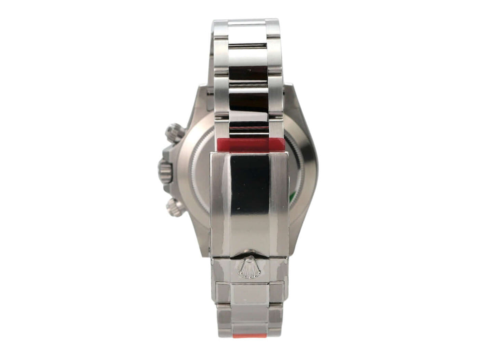 Rolex Daytona Edelstahl 116520 Weiß Rückansicht des Gehäuses und Armbands in Edelstahl mit Sicherheitsfaltschließe.