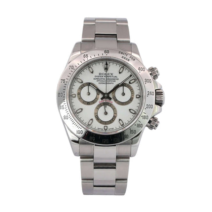 Rolex Daytona Edelstahl 116520 Weiß, Chronograph mit weißem Zifferblatt, polierte und satinierte Edelstahlgehäuse und Armband, Tachymeterlünette.