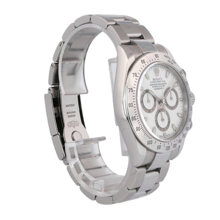 Rolex Daytona Edelstahl 116520 Weiß, weißes Zifferblatt, Edelstahl Lünette mit Tachymeterskala, Oyster Edelstahl Armband, seitliche Ansicht.