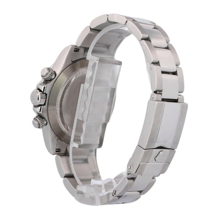 Rückansicht der Rolex Daytona Edelstahl 116520 Weiß mit satiniertem und poliertem Oyster Edelstahlarmband und Tachymeterlünette.