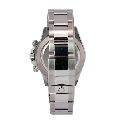 Rückseite Rolex Daytona Edelstahl 116520 Weiß aus 2001, poliertes und satiniertes Edelstahlgehäuse, polierte Edelstahl-Lünette mit Tachymeterskala.