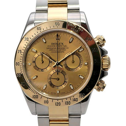 Rolex Daytona Edelstahl Gelbgold 116523 Champagner - Detailansicht des Gehäuses aus Edelstahl und 18 kt Gelbgold.