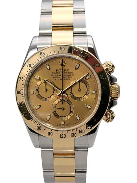 Rolex Daytona Edelstahl Gelbgold 116523 Champagner - Detailansicht des Gehäuses aus Edelstahl und 18 kt Gelbgold.