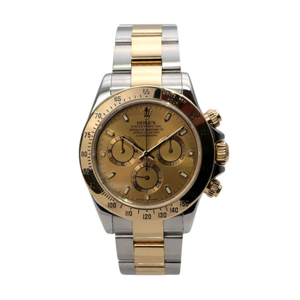 Rolex Daytona Edelstahl Gelbgold 116523 Champagner - Champagner Zifferblatt mit goldenen Leuchtzeigern.