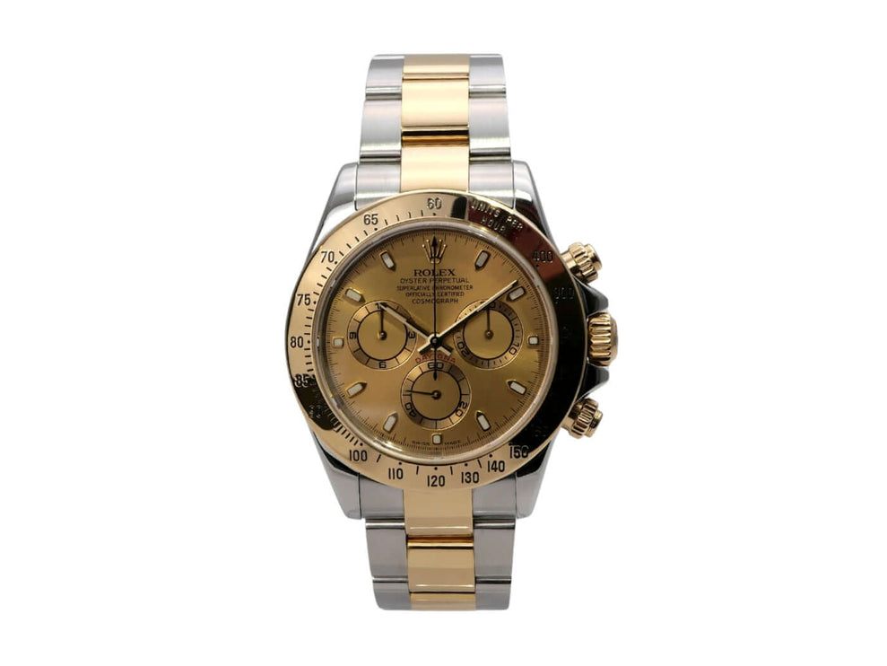 Rolex Daytona Edelstahl Gelbgold 116523 Champagner - Champagner Zifferblatt mit goldenen Leuchtzeigern.