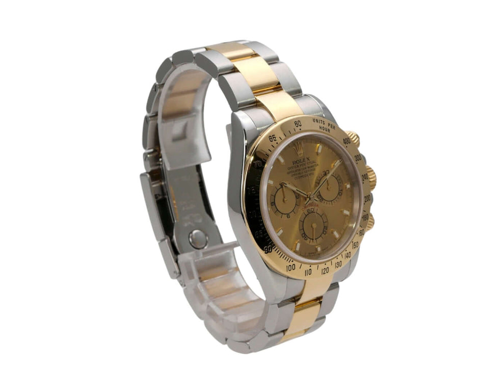 Rolex Daytona Edelstahl Gelbgold 116523 Champagner - Blick auf die Lünette mit Tachymeterskala.