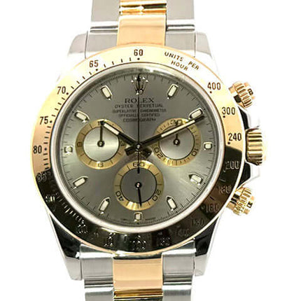 Rolex Daytona Cosmograph 116523 Stahlgrau mit Edelstahl und 18 kt Gelbgold Armband, polierte Lünette und grauem Zifferblatt.