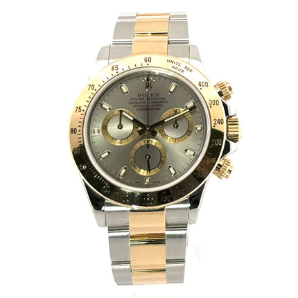 Rolex Daytona Cosmograph 116523 Edelstahl Gelbgold mit stahlgrauem Zifferblatt, poliertem 18 kt Gelbgold-Lünette und Oyster-Armband.