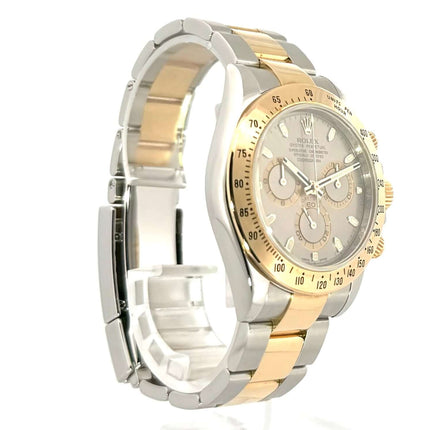 Rolex Daytona Cosmograph 116523, Stahlgrau Zifferblatt, Edelstahl und Gelbgold Armband, 40 mm Gehäuse, 2012, polierte Goldlünette mit Tachymeter.