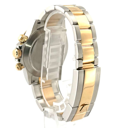 Rückansicht der Rolex Daytona Cosmograph 116523 mit Edelstahl und Gelbgold Armband, Gehäuse und Schließe.