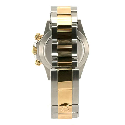 Rückansicht der Rolex Daytona Cosmograph 116523 mit poliertem Edelstahl- und Gelbgoldarmband.
