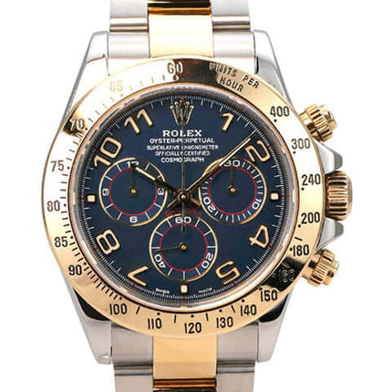Rolex Daytona Cosmograph 116523 Blau Arabisch Edelstahl Gelbgold Uhr mit blauem Zifferblatt und arabischen Ziffern.