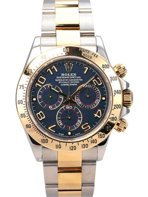 Rolex Daytona Cosmograph 116523 Blau Arabisch Edelstahl Gelbgold Uhr mit blauem Zifferblatt und arabischen Ziffern.
