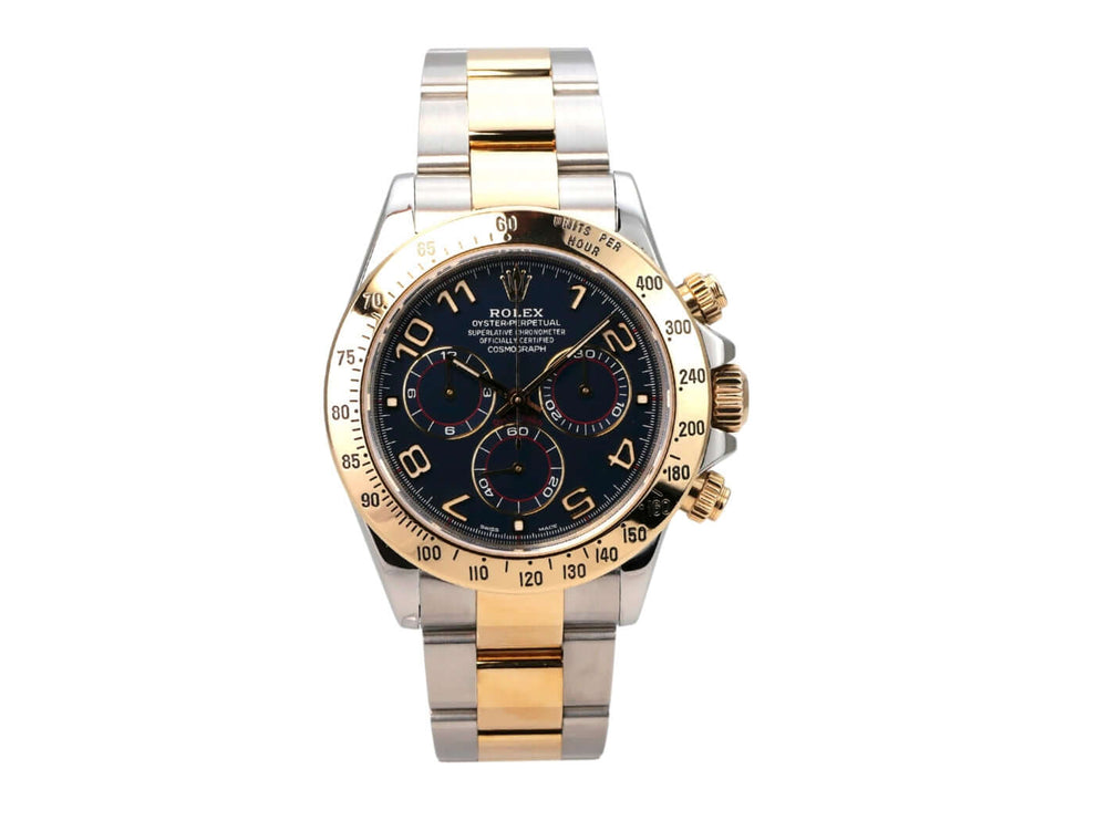 Rolex Daytona Cosmograph 116523 Blau Arabisch auf einem Edelstahl- und Gelbgold-Armband mit blauem Zifferblatt.