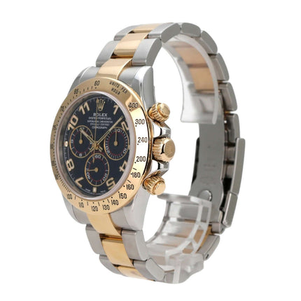 Rolex Daytona Cosmograph 116523 Blau Arabisch mit Edelstahl- und Gelbgoldarmband und blauem Zifferblatt.