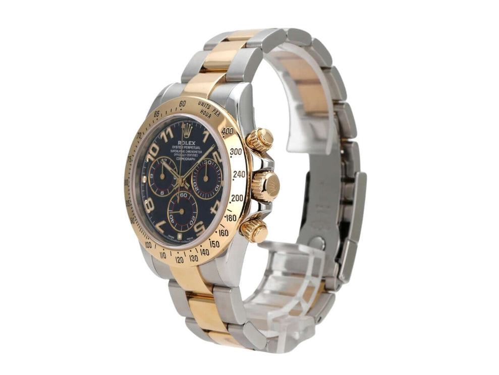Rolex Daytona Cosmograph 116523 Blau Arabisch mit Edelstahl- und Gelbgoldarmband und blauem Zifferblatt.