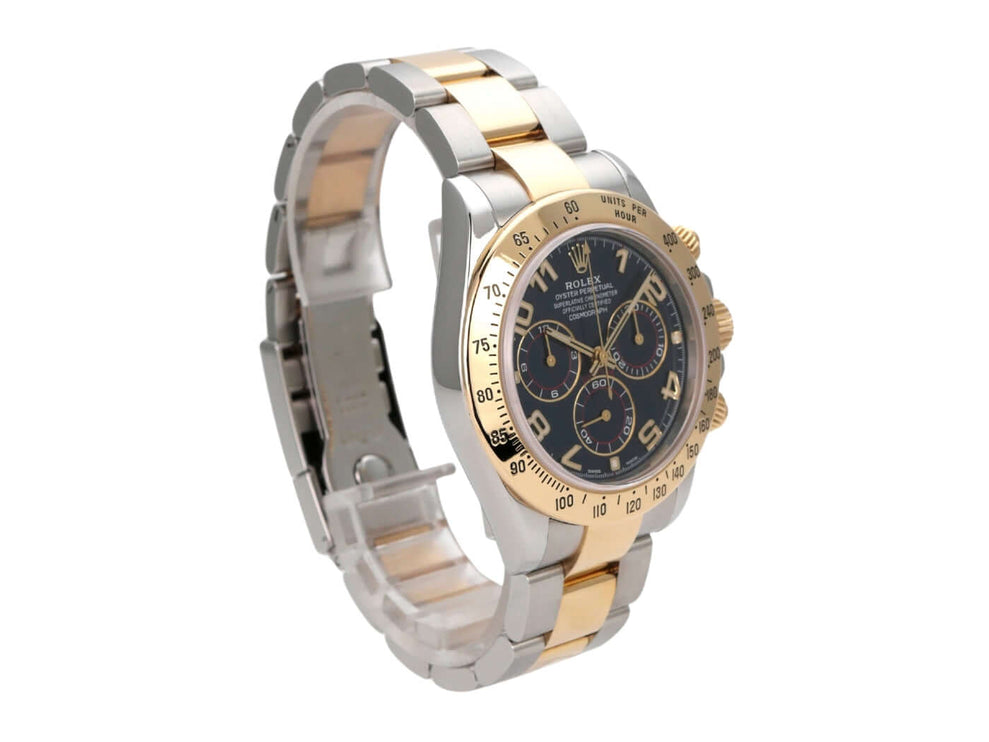 Rolex Daytona Cosmograph 116523 Blau Arabisch Uhr mit blauem Zifferblatt und Edelstahl-Gelb-Gold-Armband