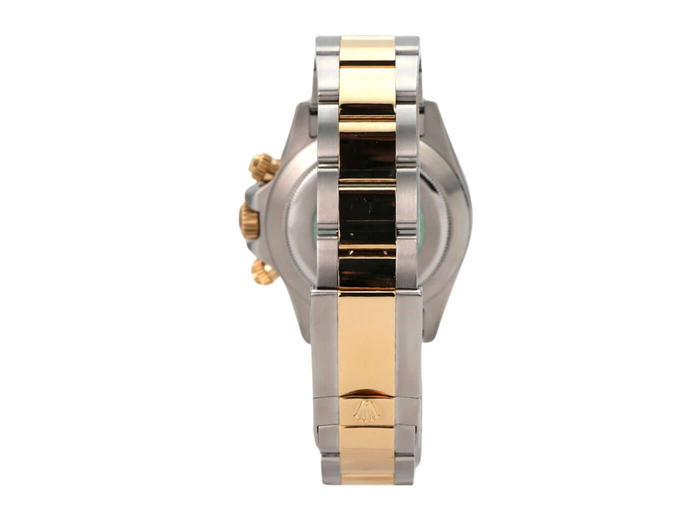 Rolex Daytona Cosmograph 116523 Blau Arabisch Ansicht des Armbands mit Edelstahl und 18 kt Gelbgold, poliert und satiniert.