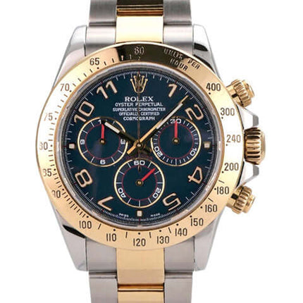 Rolex Daytona Cosmograph 116523 Blau, Edelstahl-Gelbgold, 40mm, arabische Ziffern, Automatikwerk, Luxusuhren.