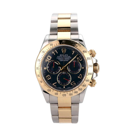 Rolex Daytona Cosmograph 116523 mit blauen Ziffern, Edelstahl und 18 kt Gold, polierte Lünette und Sicherheitsfaltschließe.