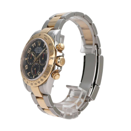 Rolex Daytona Cosmograph 116523 mit blauem Zifferblatt und Edelstahl-Gelbgold-Armband seitlich