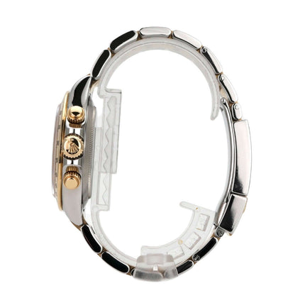 Seitenansicht der Rolex Daytona Cosmograph 116523 in Edelstahl und Gelbgold mit polierter Lünette.