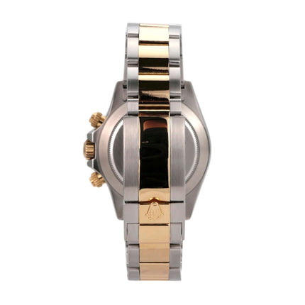 Seitenansicht der Rolex Daytona Cosmograph 116523 mit Edelstahl- und Gelbgold-Armband.