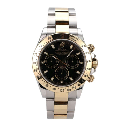 Rolex Daytona Edelstahl Gelbgold 116523 Schwarz, schwarzes Zifferblatt, Chronograph mit Tachymeter und Oyster-Armband