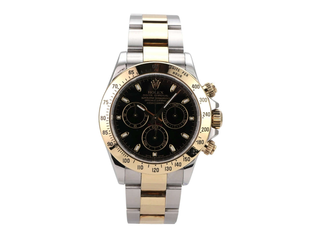 Rolex Daytona Edelstahl Gelbgold 116523 Schwarz, schwarzes Zifferblatt, Chronograph mit Tachymeter und Oyster-Armband