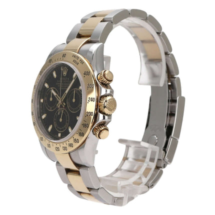 Rolex Daytona Edelstahl Gelbgold 116523 Schwarz, schwarze Zifferblattansicht mit Goldlünette und Oyster-Armband