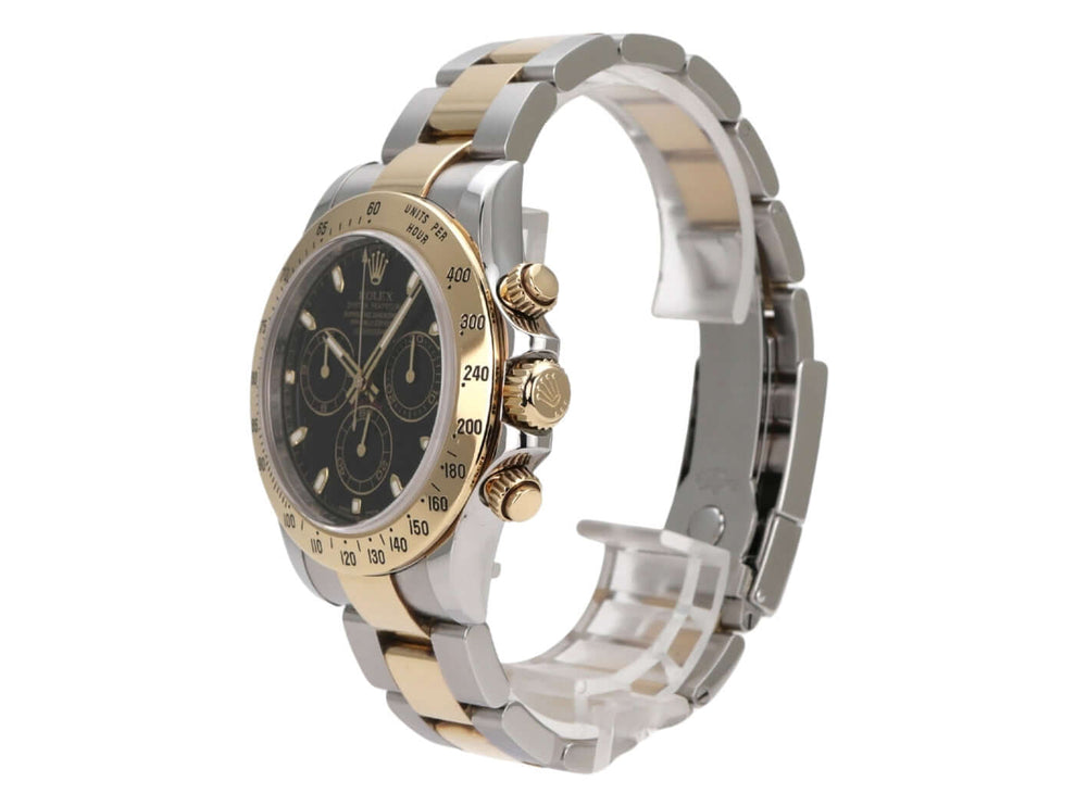 Rolex Daytona Edelstahl Gelbgold 116523 Schwarz, schwarze Zifferblattansicht mit Goldlünette und Oyster-Armband