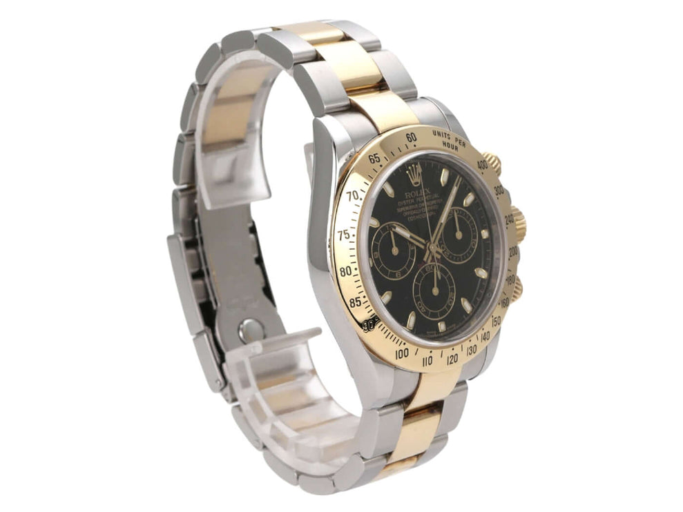 Rolex Daytona Edelstahl Gelbgold 116523 Schwarz, Luxus Chronograph mit schwarzem Zifferblatt und Gelbgold-Lünette