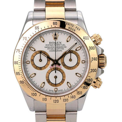 Rolex Daytona Edelstahl Gelbgold 116523 Weiß mit Edelstahl- und Gelbgold-Armband, weißem Zifferblatt und Chronograph.