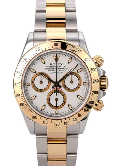 Rolex Daytona Edelstahl Gelbgold 116523 Weiß mit Edelstahl- und Gelbgold-Armband, weißem Zifferblatt und Chronograph.