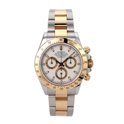 Rolex Daytona Edelstahl Gelbgold 116523 Weiß von 2003 mit Edelstahl- und Gelbgold-Armband, weißem Zifferblatt und Tachymeterskala.
