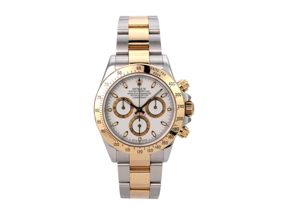 Rolex Daytona Edelstahl Gelbgold 116523 Weiß von 2003 mit Edelstahl- und Gelbgold-Armband, weißem Zifferblatt und Tachymeterskala.