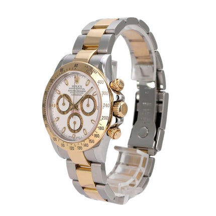 Rolex Daytona Edelstahl Gelbgold 116523 Weiß Seitenansicht mit poliertem Edelstahl und Gelbgold-Lünette.