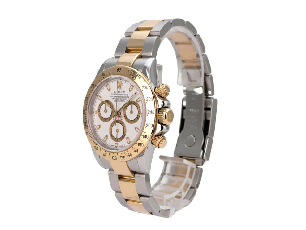 Rolex Daytona Edelstahl Gelbgold 116523 Weiß Seitenansicht mit poliertem Edelstahl und Gelbgold-Lünette.
