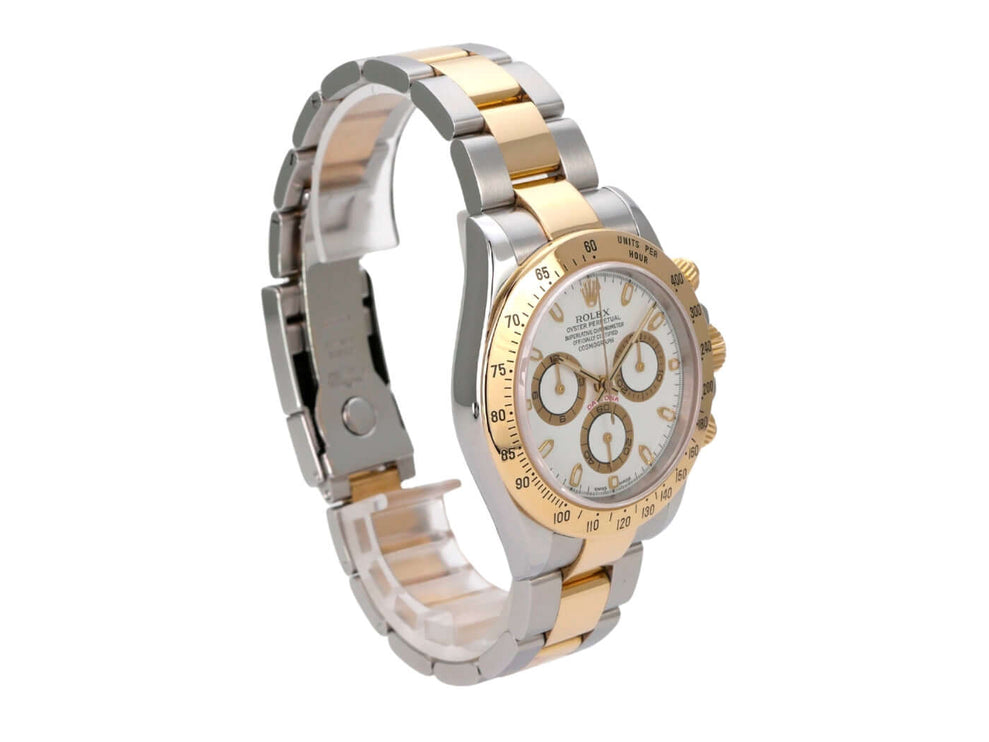 Rolex Daytona Edelstahl Gelbgold 116523 Weiß mit poliertem Edelstahl- und Gelbgoldarmband, weiße Zifferblatt, Automatik.