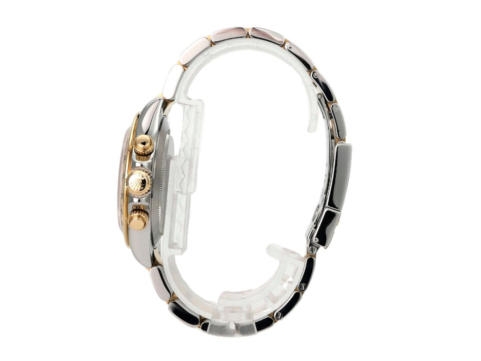 Seitenansicht der Rolex Daytona Edelstahl Gelbgold 116523 Weiß mit poliertem Gehäuse und Armband.