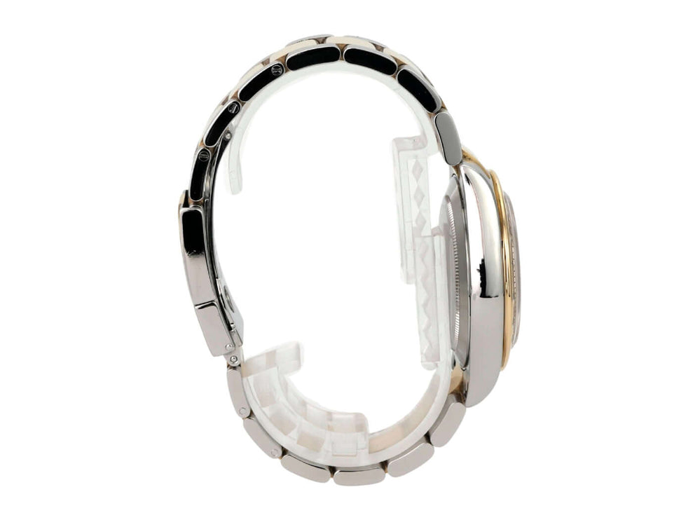 Rolex Daytona Edelstahl Gelbgold 116523 Weiß seitliche Ansicht mit poliertem Edelstahl und Gelbgold.