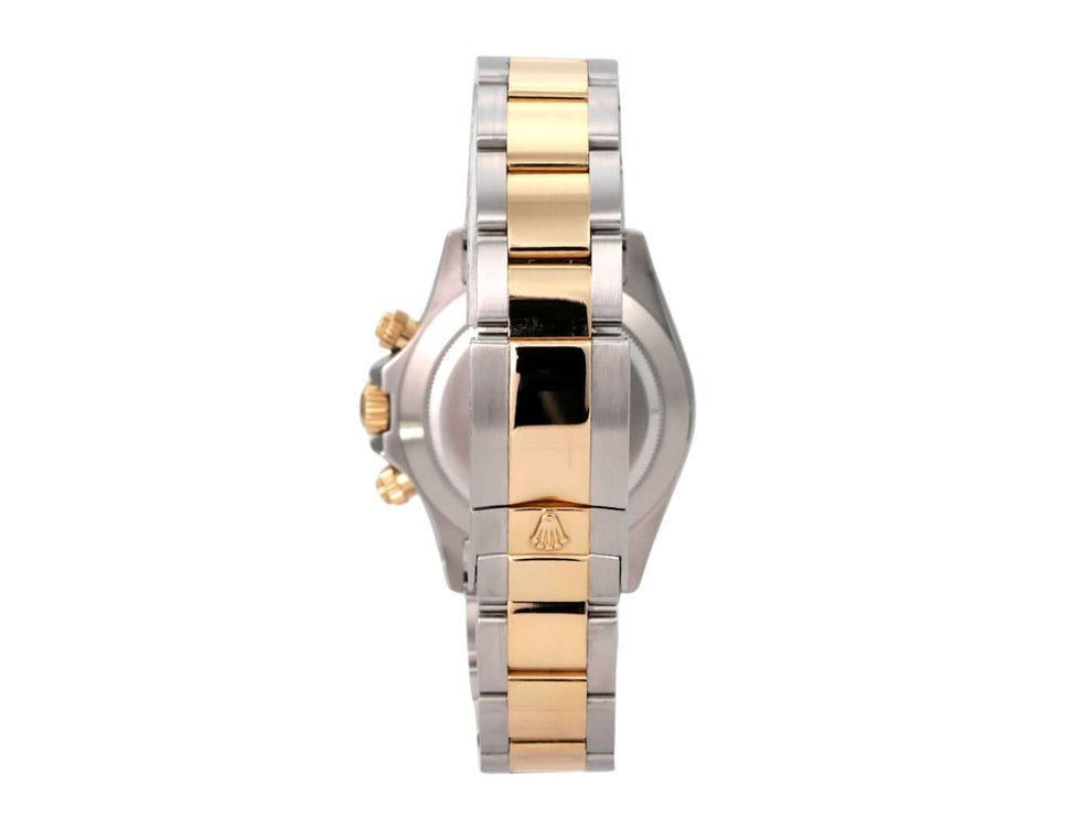Rolex Daytona Edelstahl Gelbgold 116523 Weiß seitliche Ansicht mit Edelstahl- und Gelbgold-Armband.