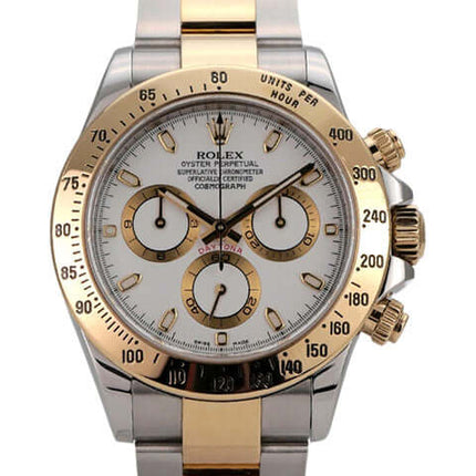 Rolex Daytona 116523 Edelstahluhr mit Gelbgold, weißem Zifferblatt und chronographischen Funktionen.