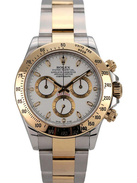 Rolex Daytona 116523 Edelstahluhr mit Gelbgold, weißem Zifferblatt und chronographischen Funktionen.