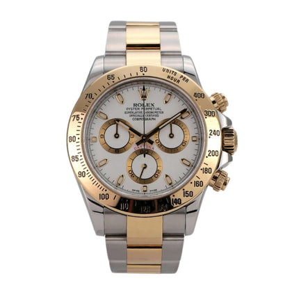 Rolex Daytona Edelstahl Gelbgold 116523 mit weißem Zifferblatt und Chronographenfunktion, 2012 Modell.