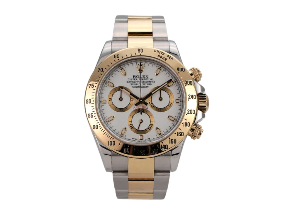 Rolex Daytona Edelstahl Gelbgold 116523 mit weißem Zifferblatt und Chronographenfunktion, 2012 Modell.