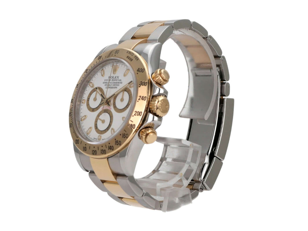 Rolex Daytona Edelstahl Gelbgold 116523 mit weißem Zifferblatt und Tachymeterskala, hochwertig verarbeitet, 2012.