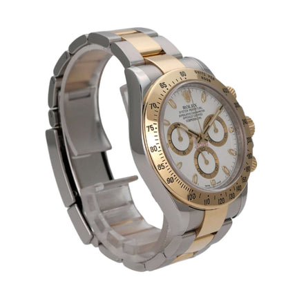 Rolex Daytona Edelstahl/Gelbgold 116523 mit weißem Zifferblatt und Tachymeterskala, perfektes Chronometer.